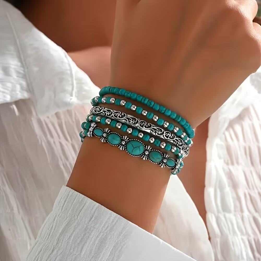 Women's 5 PC Turquoise Boho Chic Bracelet Set Western Jewelry Layer New Silver